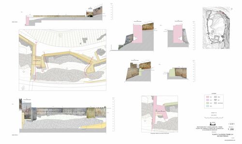 Sector entre puerta de Carros y puerta del Alpéndiz. Planta y alzados tramo 3-4. Estado arqueológico