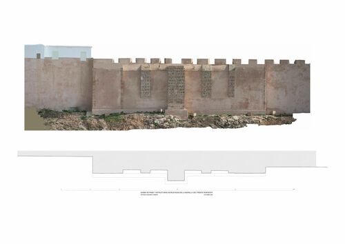 Planta y ortoimagen de alzado de las estructuras almohades incrustadas en la muralla occidental de la qasba de Rabat