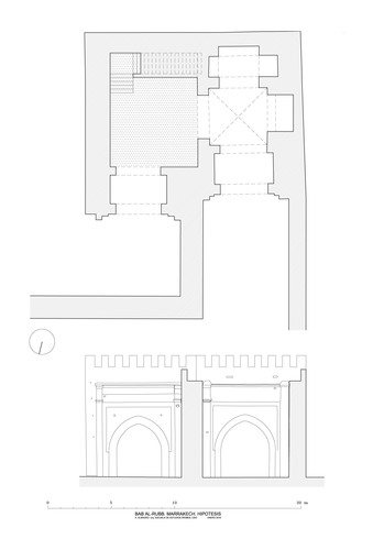 Planta y alzado hipotéticos de la Bāb al-Rubb 