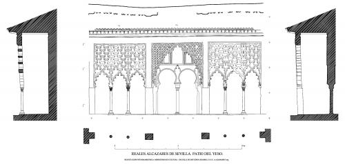 Alzado, planta y secciones  del pórtico sur del Patio del Yeso