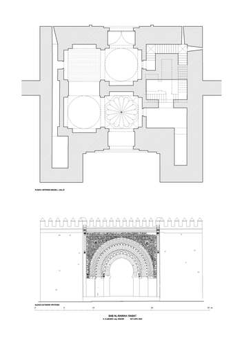 Planta y alzado exterior hipotéticos de la Bāb al-Rawāḥ