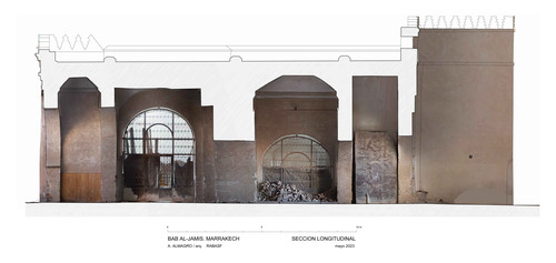 Sección longitudinal de la Bāb al-Jamīs con ortoimagen