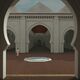 Imagen virtual de la mezquita almohade de la Qasba de Marrakech mostrando el patio y la nave central de la sala de oración